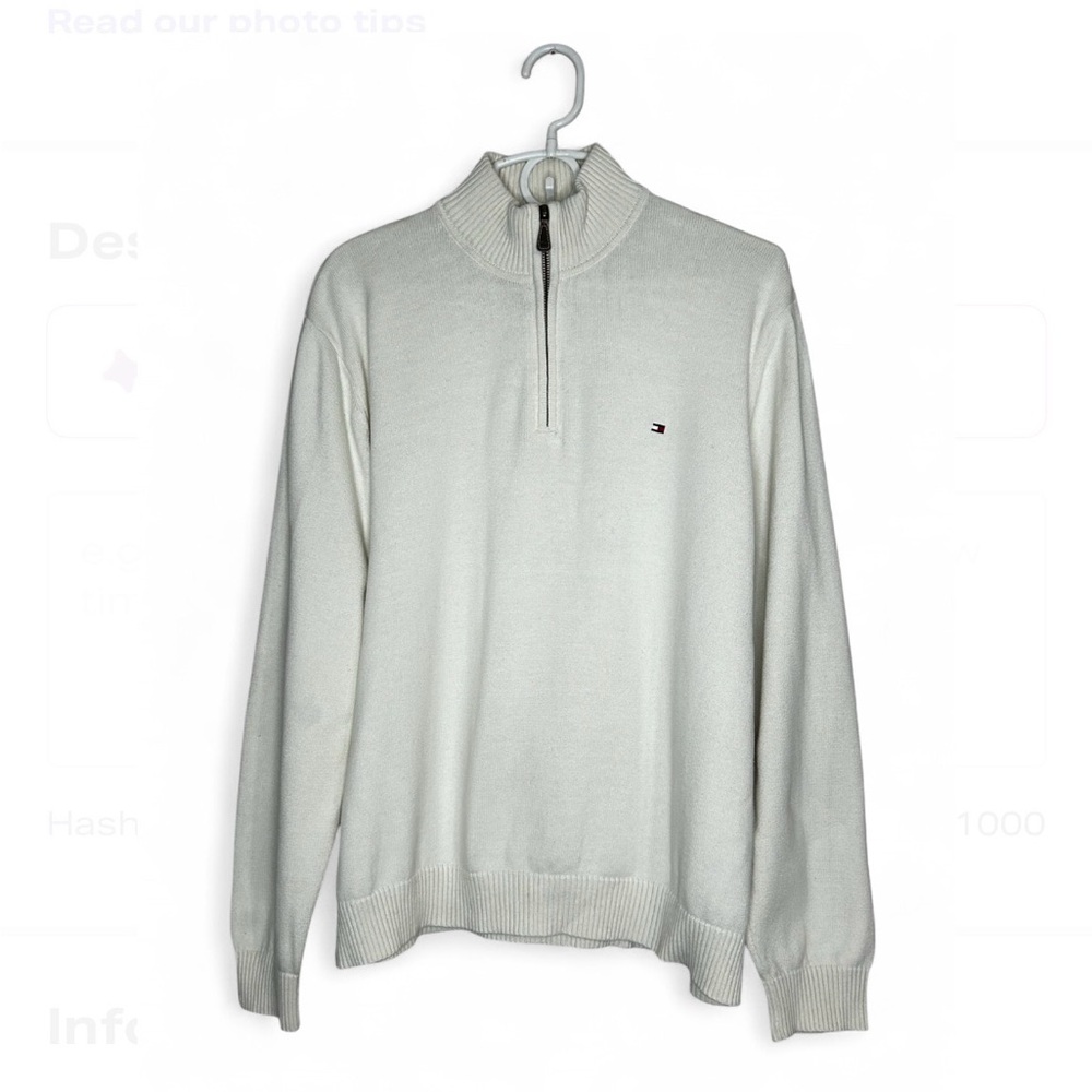 TOMMY HILFIGER Men's Crème Sweater L, High Neck 1/4 Zipper Long Sleeve